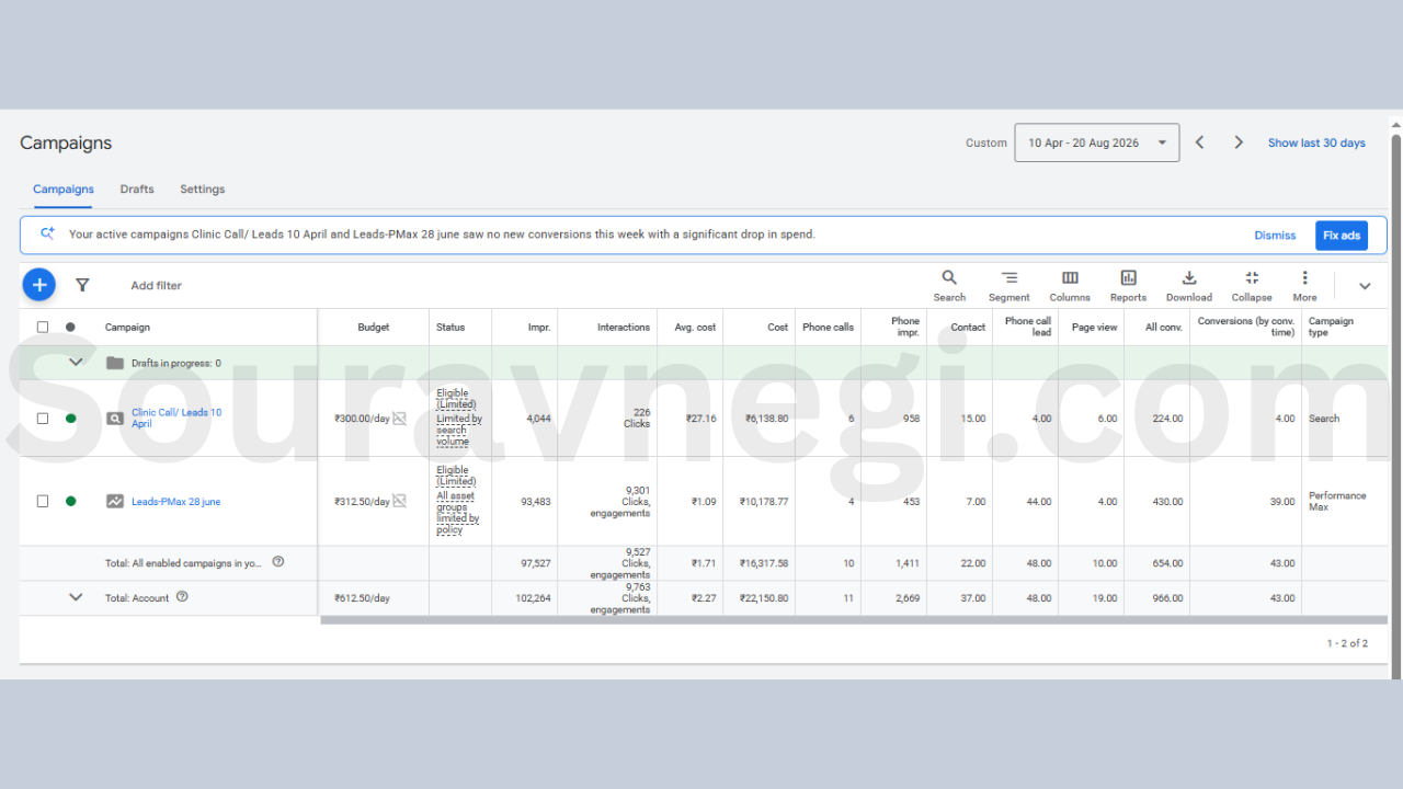 Google Ads campaign dashboard for White Nest Dental Clinic showing call leads, conversions, and cost per click for Search and Performance Max campaigns