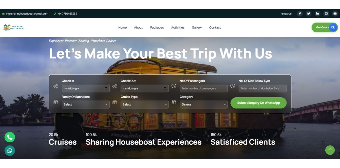 Sharing Houseboat website homepage showing Alleppey backwater cruise booking form with check-in, check-out, and category options