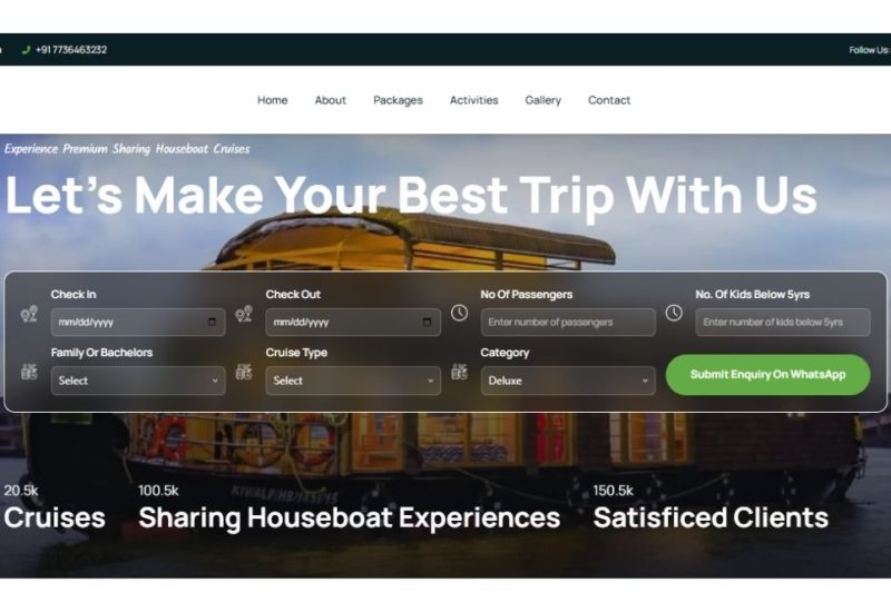 Sharing Houseboat website homepage showing Alleppey backwater cruise booking form with check-in, check-out, and category options